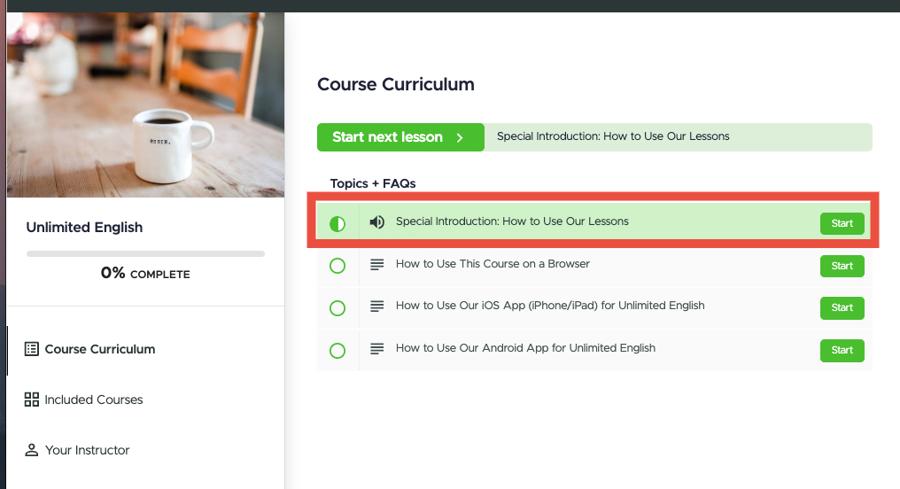 Unlimited English lessons list with the introduction lesson